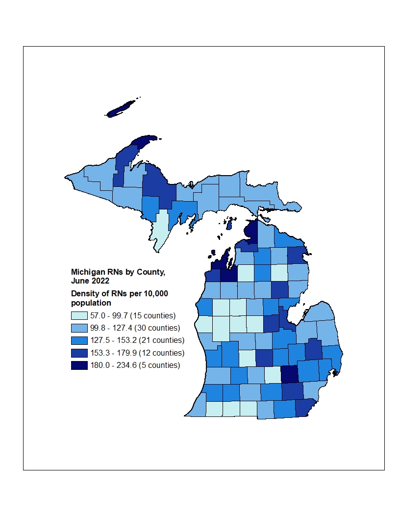Michigan map of RNs by county in 2022